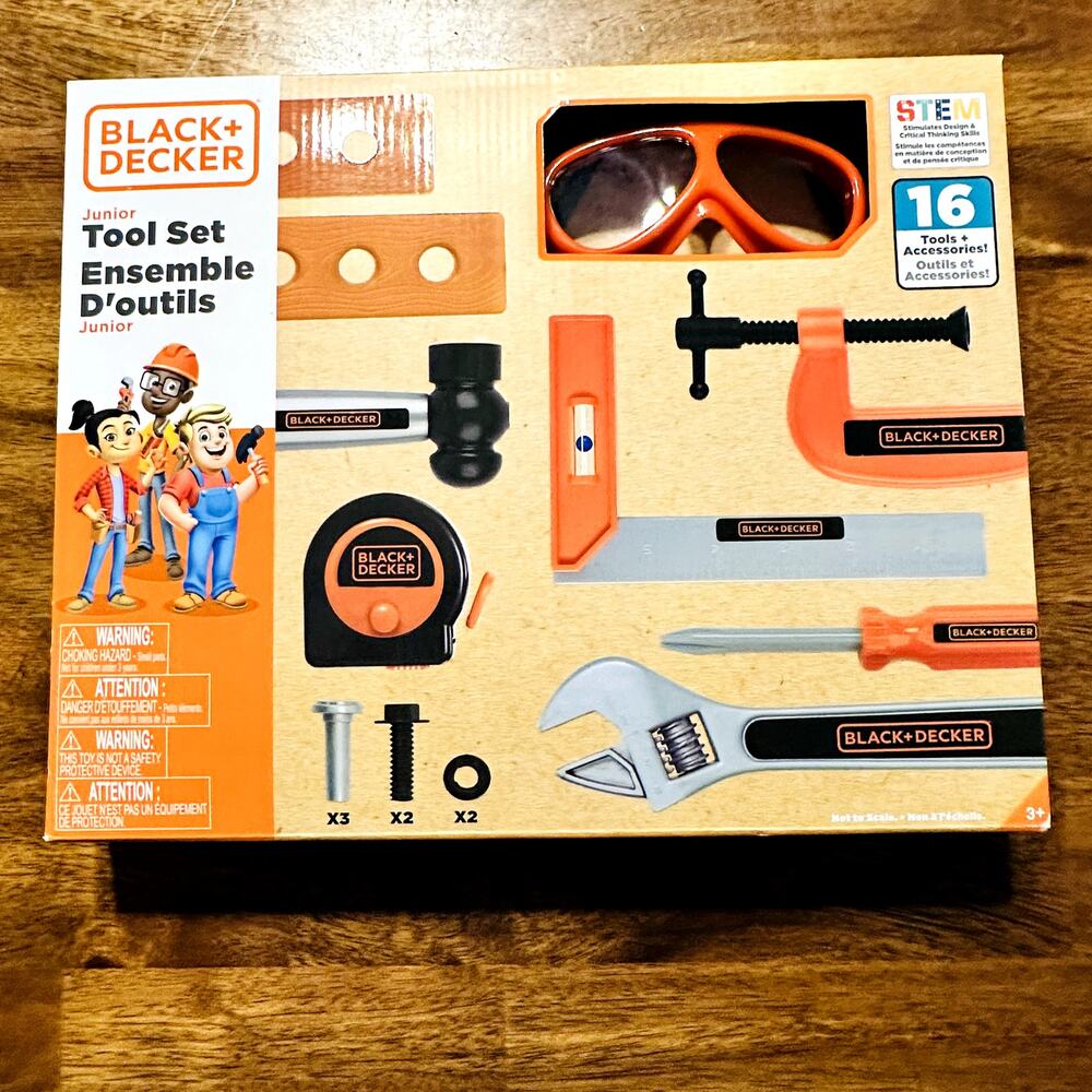 Black + Decker Junior Tool Set for Kids 16pc Set Goggles Wrench Hammer Toy
